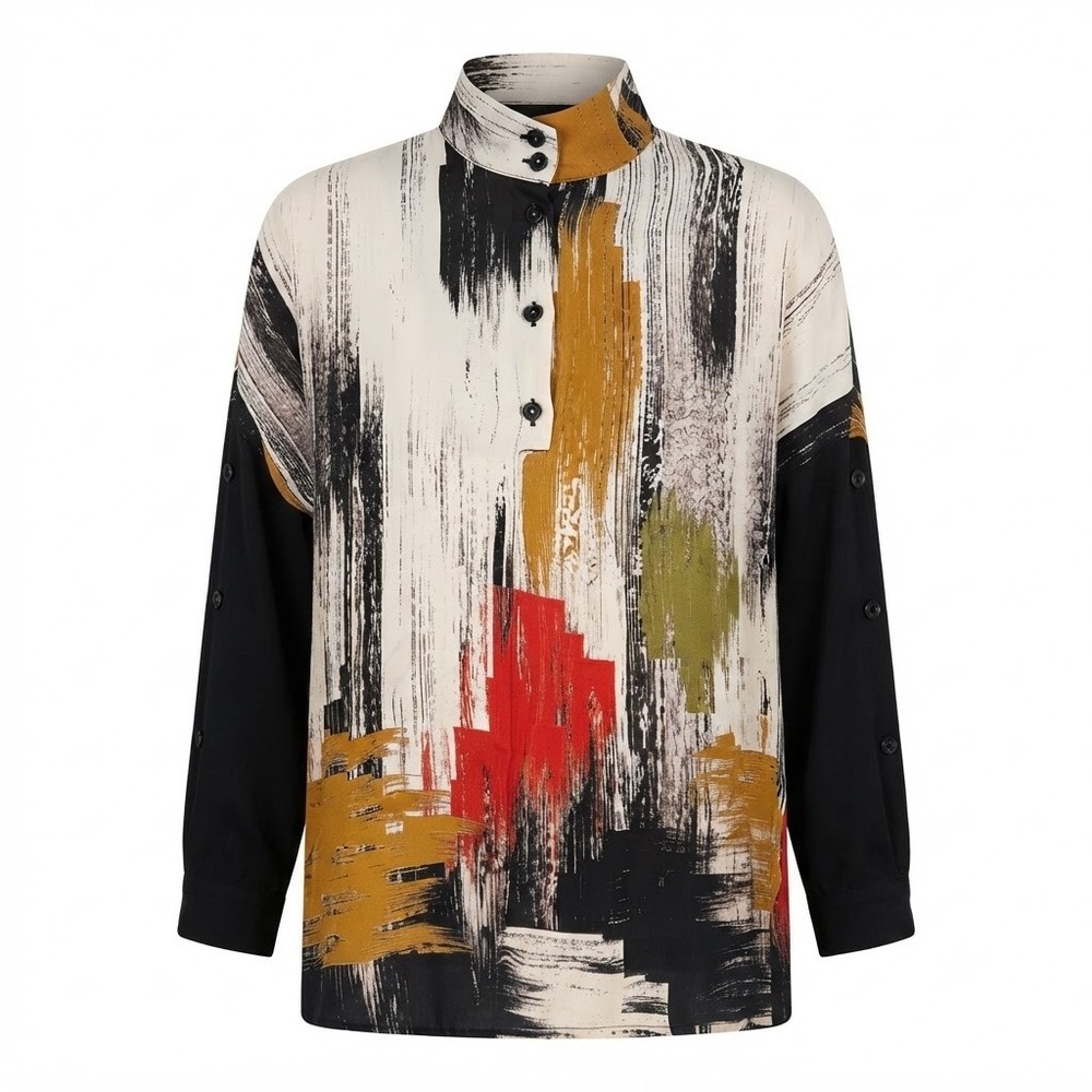 IC by Connie K Abstract Brushstroke Mock Neck Blouse Multi Color Small USA - CJ